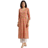 Varanga Women Pink And Yellow Floral Printed Straight Kurta With Round Neck, Three-Quarter Sleeves, Straight Hemline, And Side Slits