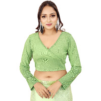 Shasmi Women's & Girls' Solid Ribbed V Neck Collarless Full Sleeve Slim Fit Simplicity Blouse For Women (Blouse 54 Pista Green M)