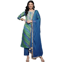 Varanga Women Blue Bandhani Printed Zari Embroidered Kurta Paired With Bottom And Dupatta