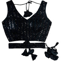Vihu Fashion Women's Emblished Sequins Sleeveless Fancy Black Blouse With Belt (Belt Sequins Black_38)