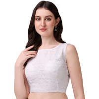Vihu Fashion Women's Women's Cotton Chikankari Embroidery Work Readymade Saree Sleeveless Blouse