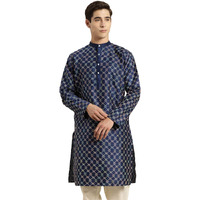 Sojanya (Since 1958 Men's Silk Blend Navy Blue Kurta With Multi Color Embroidery