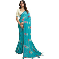 Satrani Women's Georgette Printed Lace Work Saree With Unstitched Blouse Piece (4292S922N_Blue)