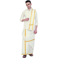 Prakasam Cotton Mens Cotton Wedding Set- A Pure Cotton Full Sleeve White Shirt + A Pure Cotton 8 Yard Dhoti (1.28X3.70 Mtrs) + Single White Colour Towel