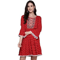 Anubhutee Women's Georgette Red Bandhani Work Embroidered A-Line Indo Western Dress