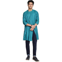 Fabindia Men's Viscose Silk Solids Slim Kurta (102587601_Teal