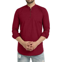 Royalscout Men's Cotton Blend Full Sleeve Short Kurta With Mandarin Collar Maroon