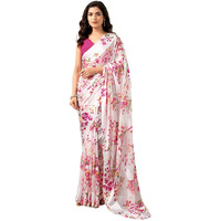 Satrani Women's Georgette Floral Printed Satin Stripe Saree With Unstitched Blouse Piece (3881S125N_White & Pink)