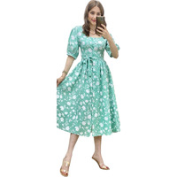 Gufrina Women's Rayon Midi Dress With Short Puff Sleeves Floral Printed Round Neck Knee Length Regular Fit And A Line Style Sea Green