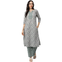 Idalia Women's Grey And Teal Green Printed Cotton Kurta Set With Palazzo Pant