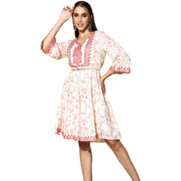 Ishin Women's Cotton Knee Length Embroidered A-Line Indo Western Dress Inwdr0433_Wh_S_White & Red