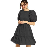 Shasmi Georgette Midi Dobby Pattern Geometric A-Line Dress (Dresses For Women 79_Black