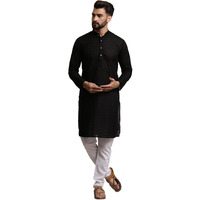 Sojanya (Since 1958 Men's Cotton Black Embroidery Kurta & White Churidar Pyjama Set
