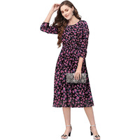 Toochki Women's Black & Pink Georgette Floral Fit & Flared Western Dress | Dress For Women | A Line Dress | Winter Dress | Western Dress | Latest Women Dress | Trendy Dress | Midi Dress