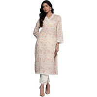 Varanga Women Off-White Floral Printed Straight Kurta  V Neck, Lace Detail, Long Flared Sleeves, Stylish & Elegant