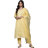 Varanga Women Yellow Round Neck Heavy Thread Embroidered Kurta With Bottom & Dupatta