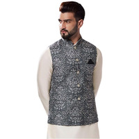 Kisah Men's Nehru Jacket, Black Cotton Blend, Printed Regular Fit Mandarin Collar Sleeveless (M)