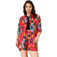 Kzully Rayon Floral | Co-Ord Set With Two-Piece Dress, Top, Shorts | Casual Co-Ordination | Full Pair Set | Fancy Full Pair Set | Long Sleeve Shirt And Shorts | Co-Ord Sets For Women,Multicolor,Large