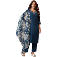 Sanisa Women's Cotton Blend Sequence Embroidery Straight Kurta With Pant And Dupatta Set (163Kbd1762N-L_Deep Sea Blue)