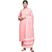 Anubhutee Women's Cotton Peach Floral Printed Straight Kurta Suit Set With Pants And Dupatta