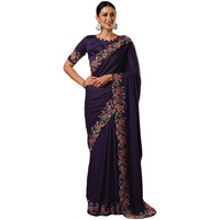 Satrani Women's Satin Embroidery And Scalloped Border Saree With Unstitched Blouse Piece (3922S536N_Deep Purple)