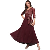 Miss Chase Women's V-Neck 3/4 Sleeve Georgette Maxi Dress (Plus Size) With Pockets (Mcss21D14-67-184-02, Wine, Xs)