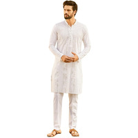 See Designs Men Full Sleeve White Cotton Pintex Design Silver Thared Work & Sequence Mandarin Collar Side Slit Kurta - Sd2Mkt_1414Xl