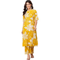 Rytras Women's Pure Cotton Printed Ethnic Wear A-Line Kurta Set With Palazzo Pants(Ryt648,Yellow,M)