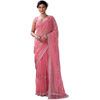 Satrani Women's Organza Scalloped Border Sequence Embroidery Saree With Unstitched Blouse Piece (4407S193N_Rose Pink)