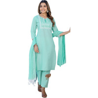 Sanisa Women's Cotton Embroidery And Mirror Work Straight Kurta With Pant And Dupatta Set (285Kbd2982N-S_Mint Green)