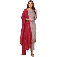 Sanisa Women's Chinnon Embroidery Straight Kurta With Pant And Self Woven Dupatta (54Kbd631Nz-M_Dusty Brown)