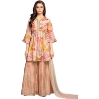 White Button New Peplum Cream Flower Kids Sharara Set For Girl Dress