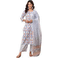Rytras Women's Pure Cotton Printed Straight Kurta Set With Palazzo Pants & Dupatta- Ethnic Wear, White(Ryt633,L)