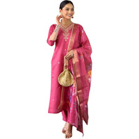 Shiv Textiles Women's Chanderi Silk Embroidered Kurta Pant Dupatta Set(Jda-Niharika-Pink-S)