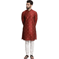 Sojanya (Since 1958 Men's Silk Blend Maroon Printed Kurta And White Churidar Pyjama Set