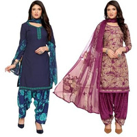 Yashika Women's Crepe Dress Material Set For Women | Unstitched Printed Fabric For Kurta Bottom & Dupatta (Ys-Riddhi Navy-Adda Wine)