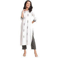 Varanga Women White And Black Floral Block Printed And Handwork Detailed Kurta Trouser Set.