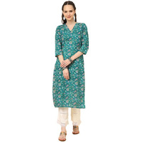 Varanga Women Turquoise Blue Floral Printed V-Neck Straight Kurta With Triangular Lace & Side Slits (Double Extra Large)
