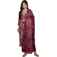 Varanga Women Maroon Floral Printed Embroidered Kurta Paired With Bottom And Dupatta