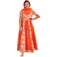 Pspeaches Girl's Silk Blend 1 Lehenga, 1 Choli, 1 Dupatta (L-Orangefloral-10- Orange_10-12Y)