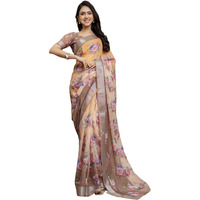 Satrani Women's Linen Floral Printed & Zari Border Ready To Wear Saree With Unstitched Blouse Piece (53Rs115_Beige & Light Orange)