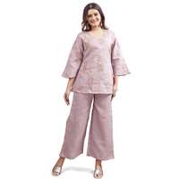 Womanista Women's Mauve Colour Linen Contrast Thread Embroidery Top With Palazo Set(Co-Ords_9067_M)