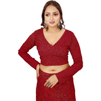 Shasmi Women's & Girls' Solid Ribbed V Neck Collarless Full Sleeve Slim Fit Simplicity Blouse For Women (Blouse 54 Maroon Xs)