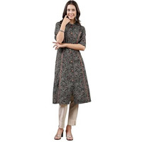 Stylum Women's Black Paisley Printed Rayon A-Line Kurta (Blackbarfi40_Black, L)