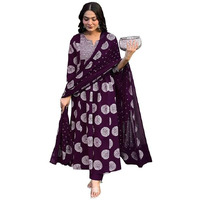 Toochki Women's Rayon Viscose Anarkali Printed Kurta With Palazzo & Dupatta Wine