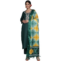 Varanga Women Green Yoke Embroidered Three Quater Sleeves Kurta Paired With Tonal Bottom And Printed Dupatta