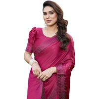 Yashika Women's Bollywood Satin Moss With Swarovski Stone Saree With Blouse |Saree For Women | Silk Saree | New Sari | Latest Saree (Az-Ys-P3-Shubhra Pink)