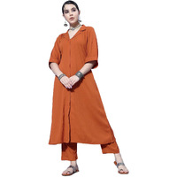Varanga Women Rust Shirt Collar Neck A-Line Kurta Paired With Tonal Bottom