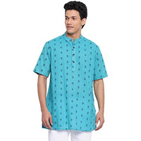 Fabindia Men Cotton Printed Short Kurta Blue_Xs