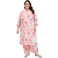 Tissu Women's Plus Size Cotton Satin Peach Floral Printed Kurta With Palazzo (736_Peach_8Xl)